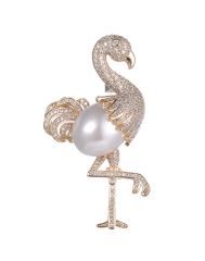 Goldplated Metal Cubic Zirconia White Crane Bird Crystal Pin Brooch