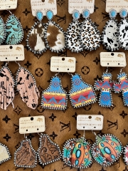 Handcrafted Leopard Print Hair Leather Concho Earrings in Navajo