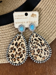 Handcrafted Leopard Print Hair Leather Concho Earrings in Navajo