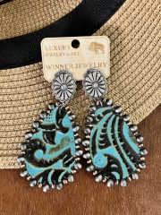 Handcrafted Embossed Leather Concho Earrings in Navajo