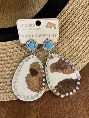 Handcrafted Cow Hair Leather Concho Earrings in Navajo